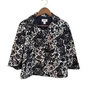 Talbots Floral Jacquard Cropped Blazer Jacket Navy White Tapestry Brocade Sz.8P